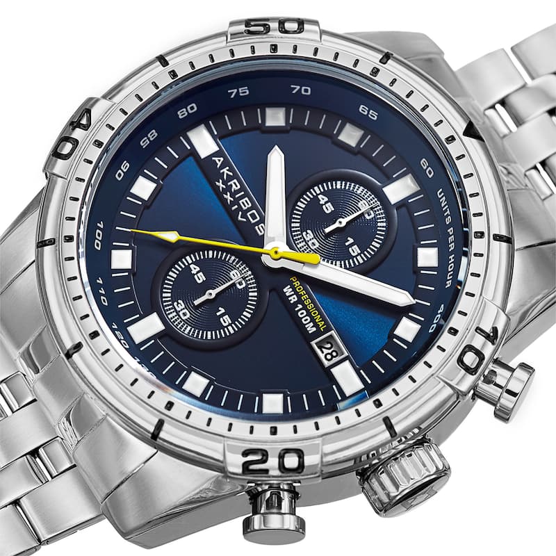 Akribos XXIV Men's Quartz Chronograph Stainless Steel Silver-Tone Bracelet Watch - BLue