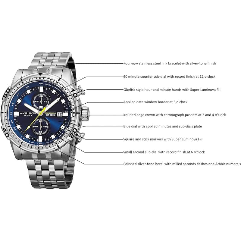 Akribos XXIV Men's Quartz Chronograph Stainless Steel Silver-Tone Bracelet Watch - BLue
