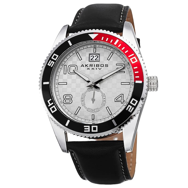 Akribos XXIV Men's Quartz Rotating Bezel Leather Silver-Tone Strap Watch - silver
