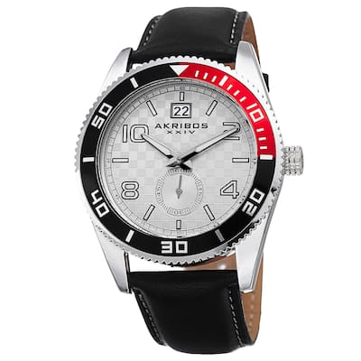 Akribos XXIV Men's Quartz Rotating Bezel Leather Silver-Tone Strap Watch - silver