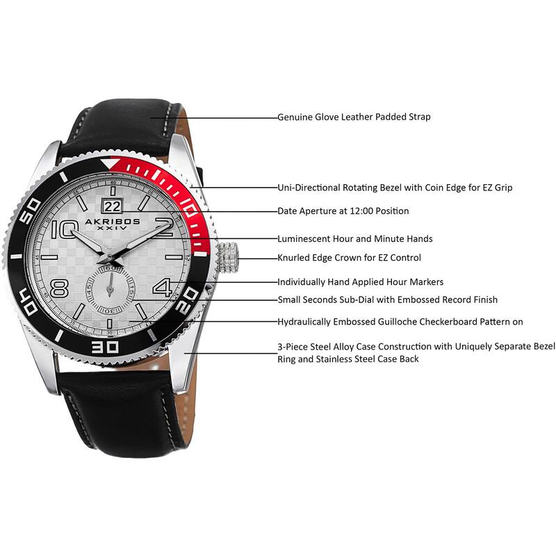 Akribos XXIV Men's Quartz Rotating Bezel Leather Silver-Tone Strap Watch - silver