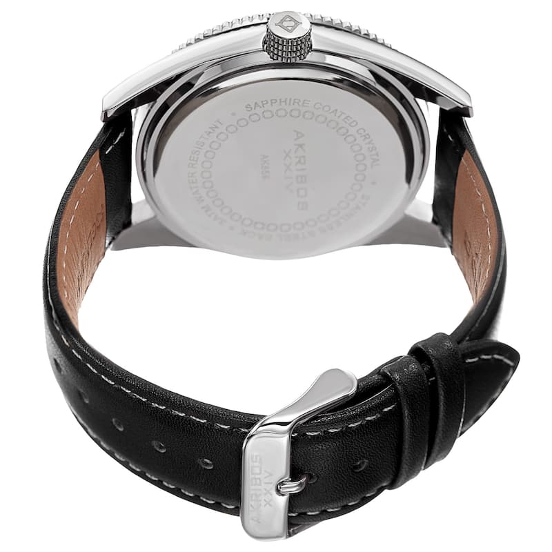 Akribos XXIV Men's Quartz Rotating Bezel Leather Silver-Tone Strap Watch - silver