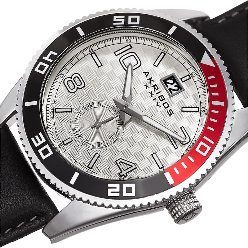 Akribos XXIV Men's Quartz Rotating Bezel Leather Silver-Tone Strap Watch - silver
