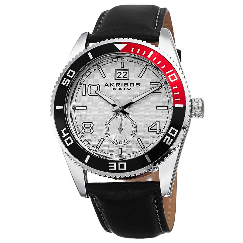 Akribos XXIV Men's Quartz Rotating Bezel Leather Silver-Tone Strap Watch - silver