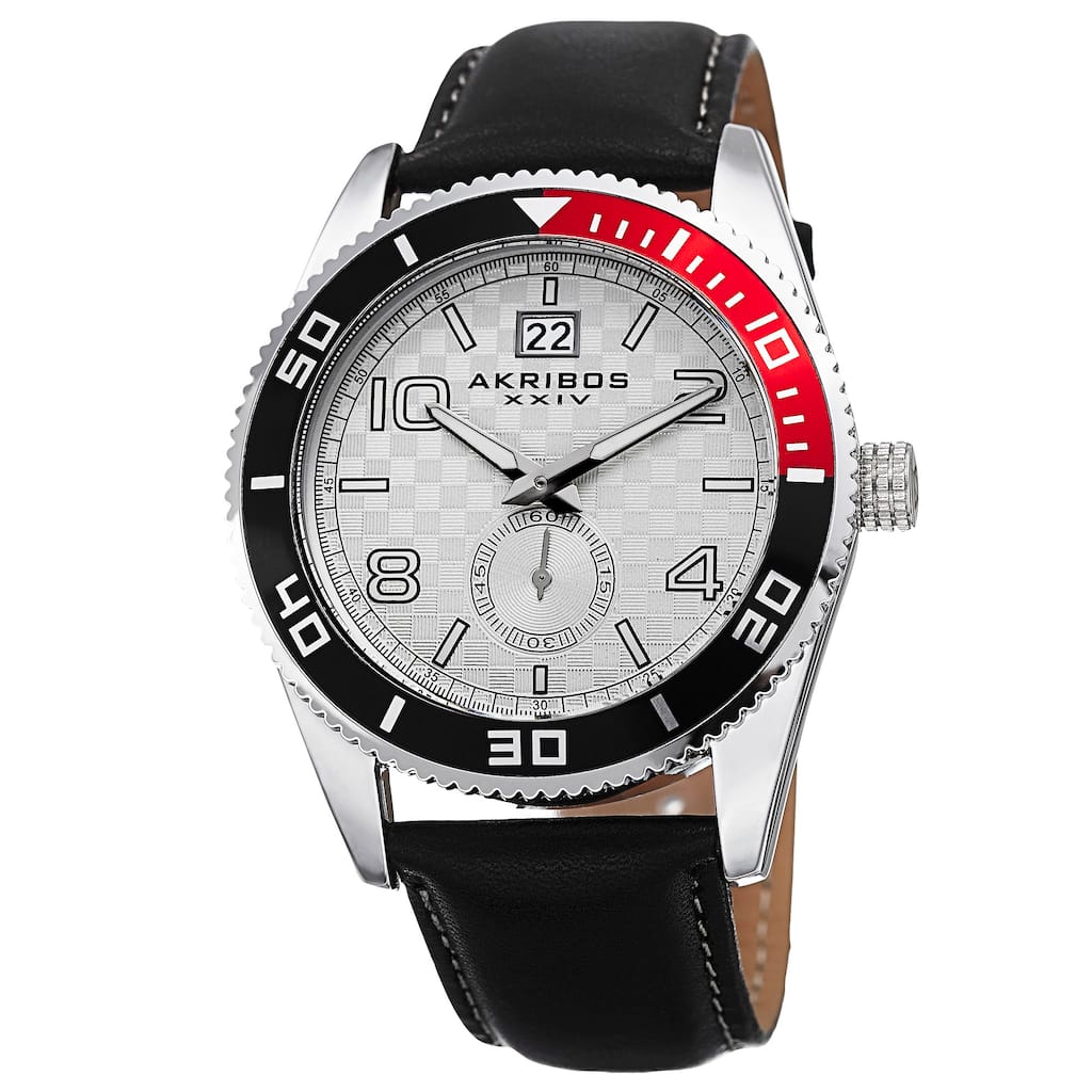Akribos XXIV Men's Quartz Rotating Bezel Leather Silver-Tone Strap Watch - silver