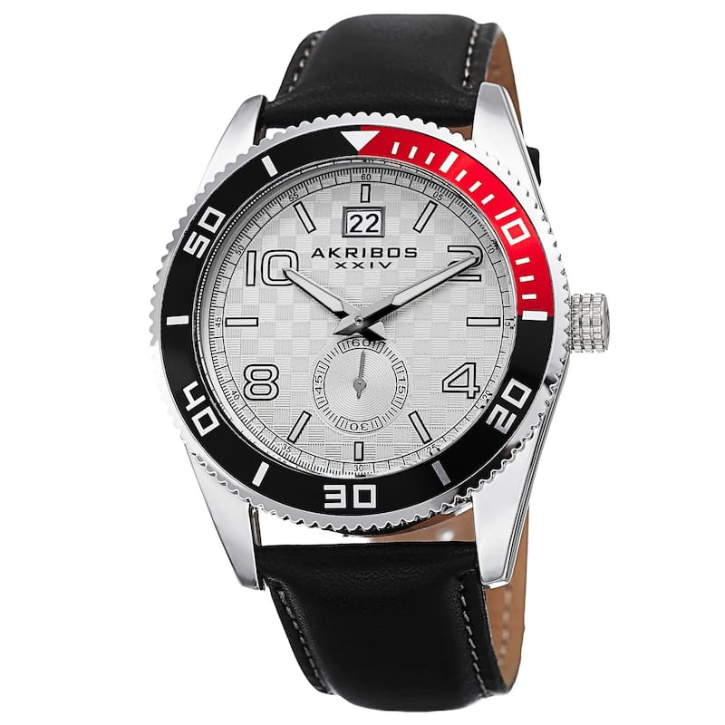 Akribos XXIV Men's Japanese Quartz Rotating Bezel Leather Strap Watch - Silver Tone - Male