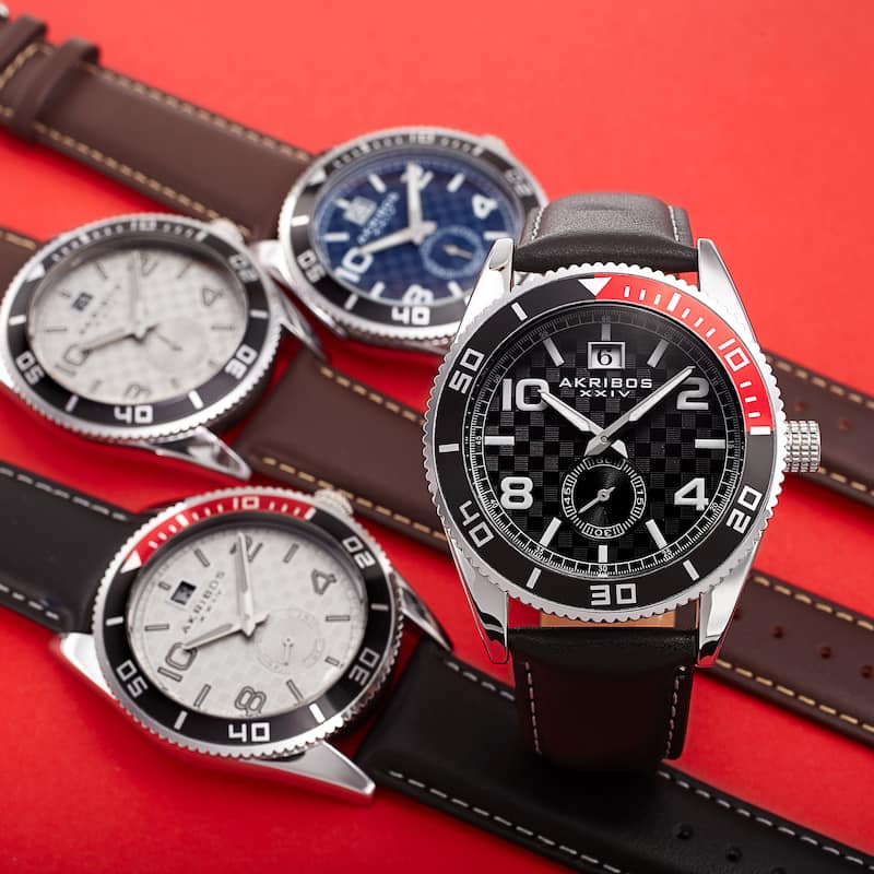 Akribos XXIV Men's Japanese Quartz Rotating Bezel Leather Strap Watch