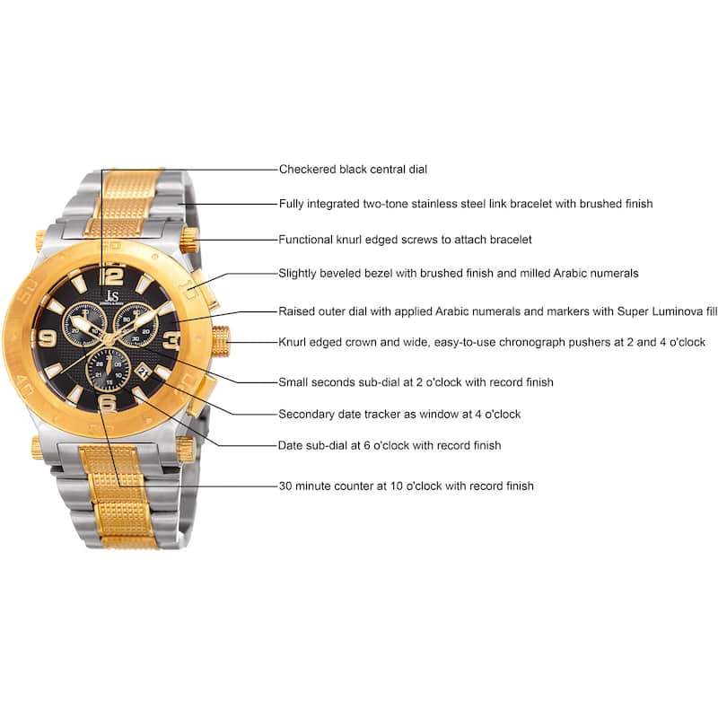 Joshua & Sons Men's Swiss Quartz Chronograph Multifunction Stainless Steel Two-Tone Bracelet Watch - Gold