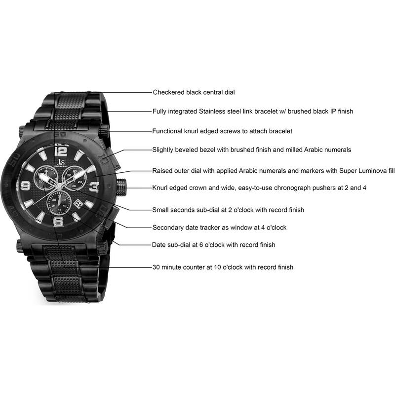 Joshua & Sons Men's Swiss Quartz Chronograph Multifunction Stainless Steel Black Bracelet Watch