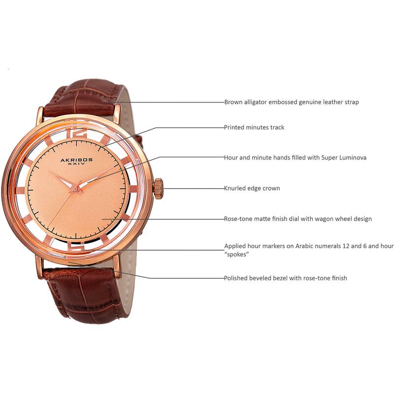 Akribos XXIV Men's Quartz Transparent Dial Leather Rose-Tone Strap Watch - brown