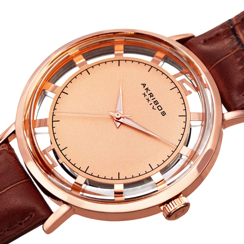 Akribos XXIV Men's Quartz Transparent Dial Leather Rose-Tone Strap Watch - brown