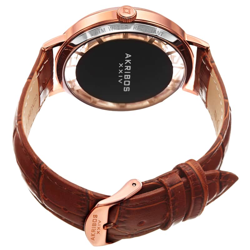 Akribos XXIV Men's Quartz Transparent Dial Leather Rose-Tone Strap Watch - brown