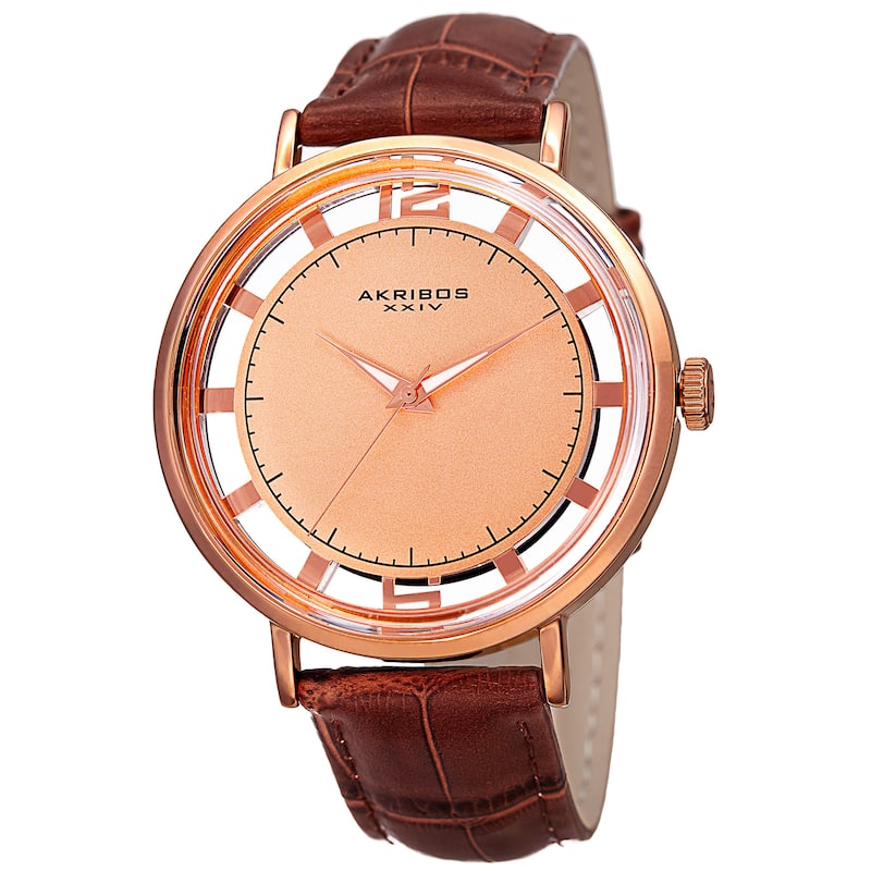 Akribos XXIV Men's Quartz Transparent Dial Leather Rose-Tone Strap Watch - brown