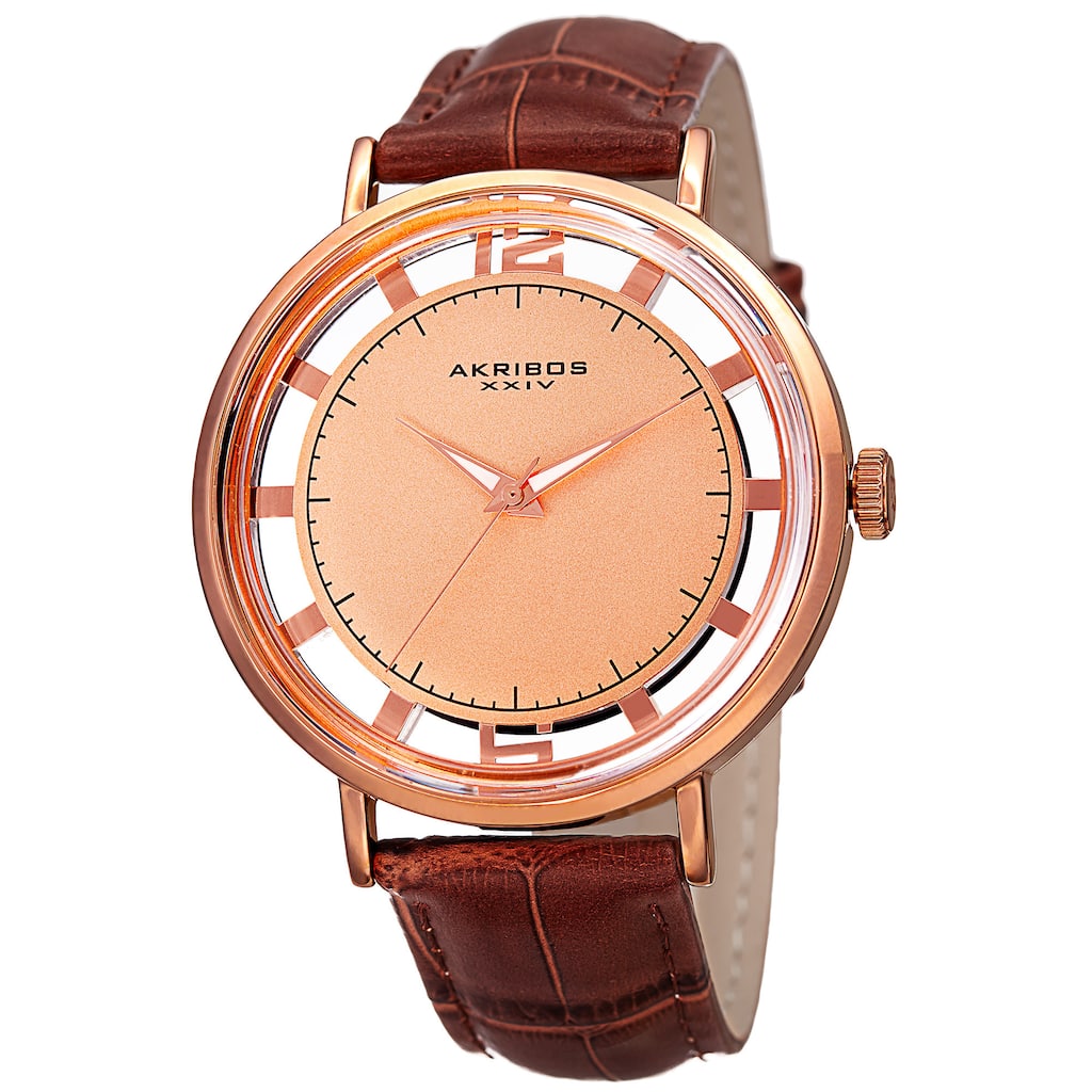 Akribos XXIV Men's Quartz Transparent Dial Leather Rose-Tone Strap Watch - brown