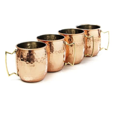 Hammered Moscow Mule Mug Gold Solid Copper and Nickel Lined 16 oz. Brass Handle (Set of 4)