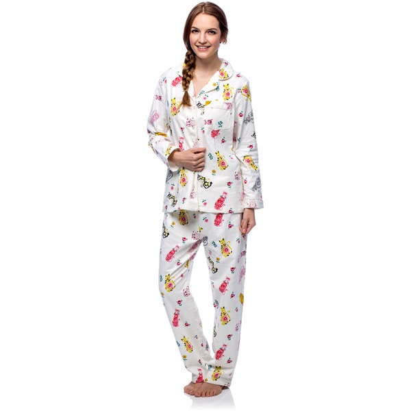 Shop La Cera Women's Cat Print Cotton Flannel Pajama Set - Free ...