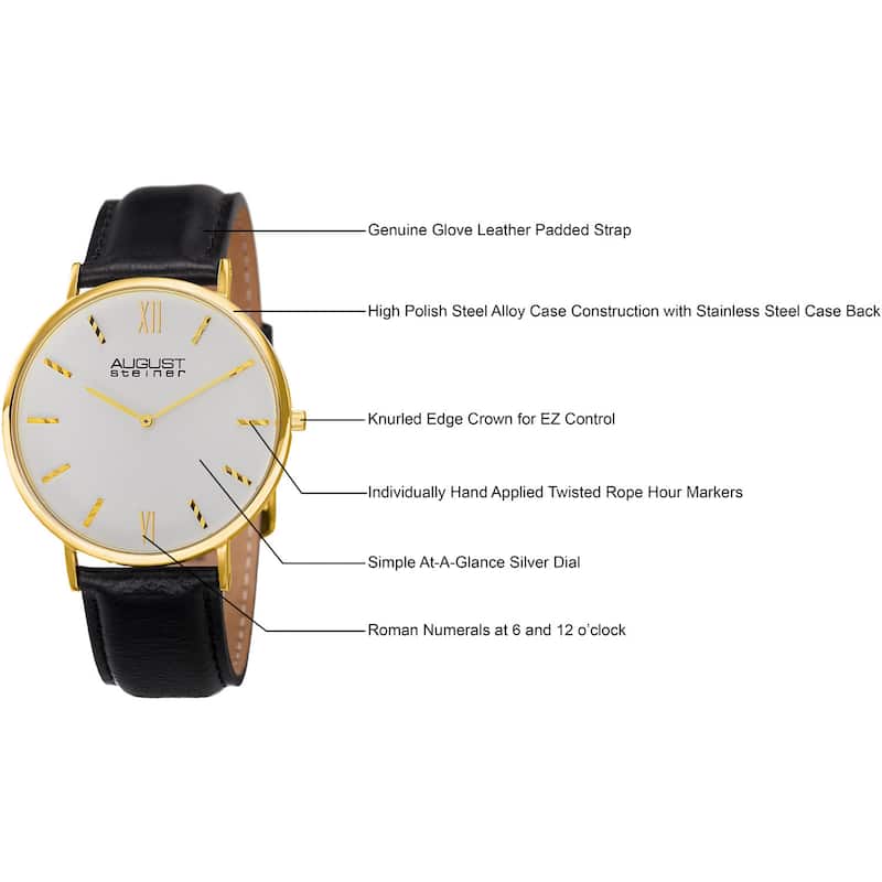 August Steiner Men's Classic Quartz Leather Gold-Tone Strap Watch - black