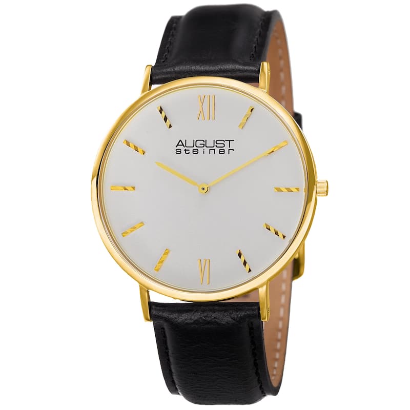 August Steiner Men's Classic Quartz Leather Gold-Tone Strap Watch - black