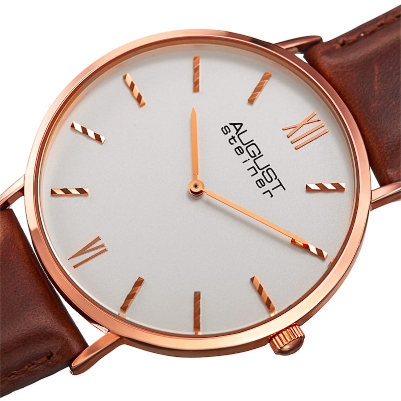 August Steiner Men's Classic Quartz Leather Rose-Tone Strap Watch