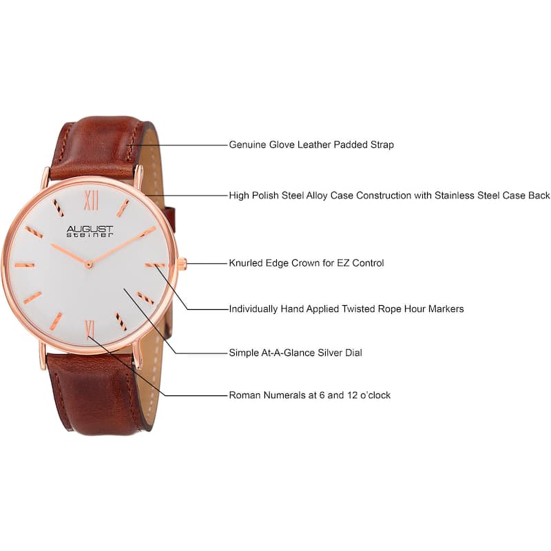 August Steiner Men's Classic Quartz Leather Rose-Tone Strap Watch