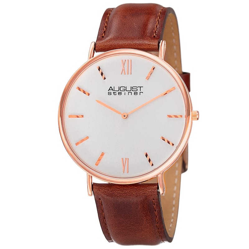 August Steiner Men's Classic Quartz Leather Rose-Tone Strap Watch