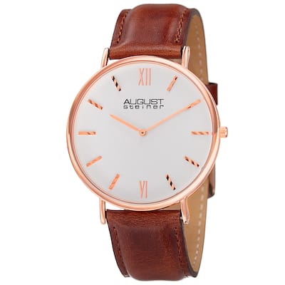 August Steiner Men's Classic Quartz Leather Rose-Tone Strap Watch