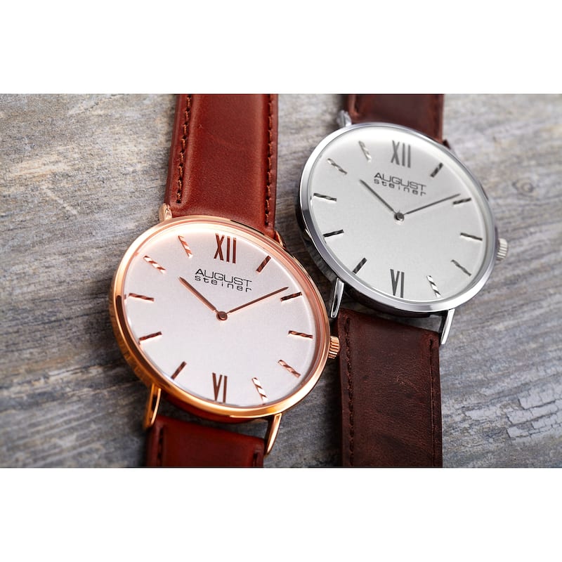August Steiner Men's Classic Quartz Leather Rose-Tone Strap Watch