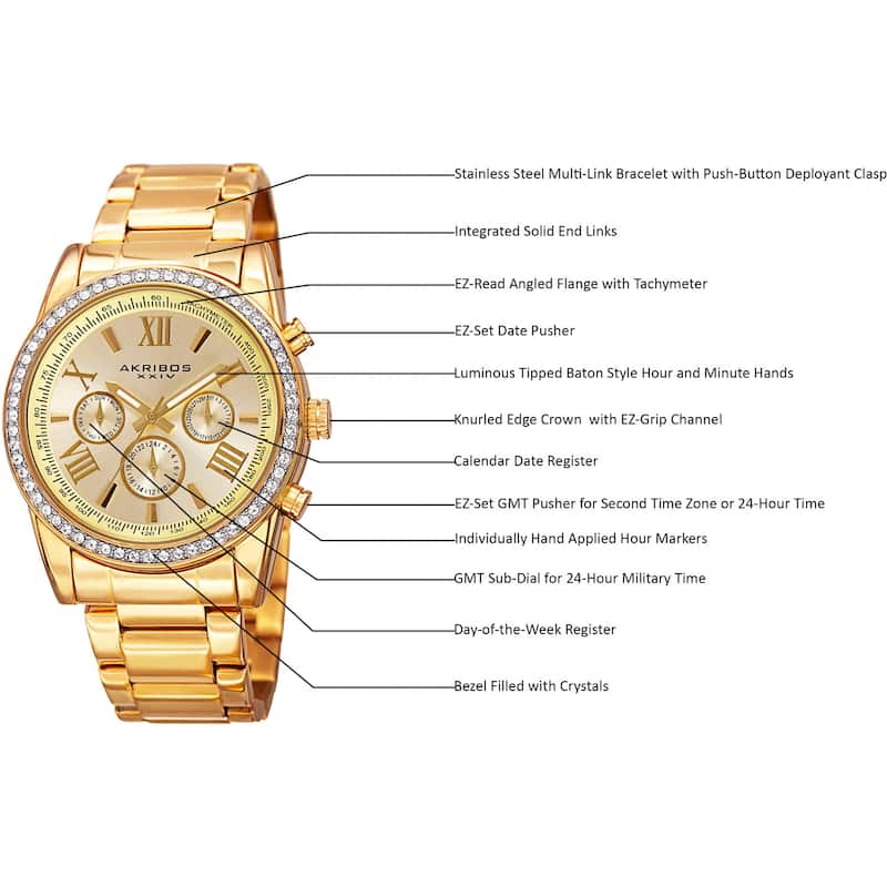 Akribos XXIV Men's Swiss Quartz Swarovski Crystals Dual-Time Stainless Steel Gold-Tone Bracelet Watc - GOLD