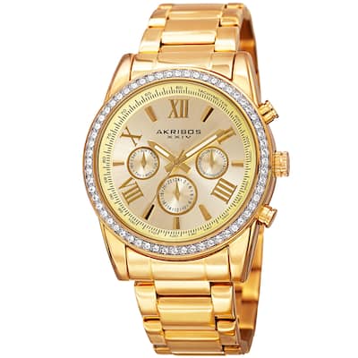 Akribos XXIV Men's Swiss Quartz Swarovski Crystals Dual-Time Stainless Steel Gold-Tone Bracelet Watc - GOLD