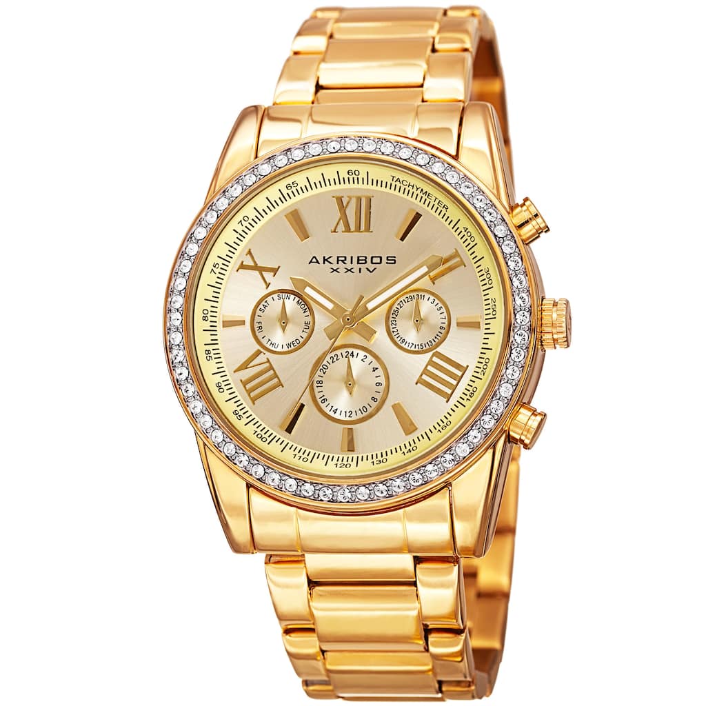 Akribos XXIV Men's Swiss Quartz Swarovski Crystals Dual-Time Stainless Steel Gold-Tone Bracelet Watc - GOLD