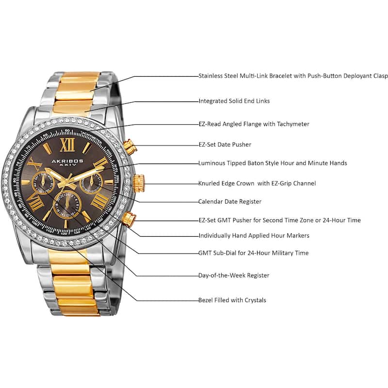 Akribos XXIV Men's Swiss Quartz Swarovski Crystals Dual-Time Stainless Steel Two-Tone Bracelet Watch