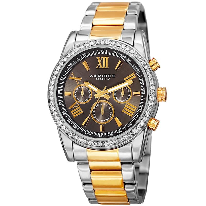 Akribos XXIV Men's Swiss Quartz Swarovski Crystals Dual-Time Stainless Steel Two-Tone Bracelet Watch