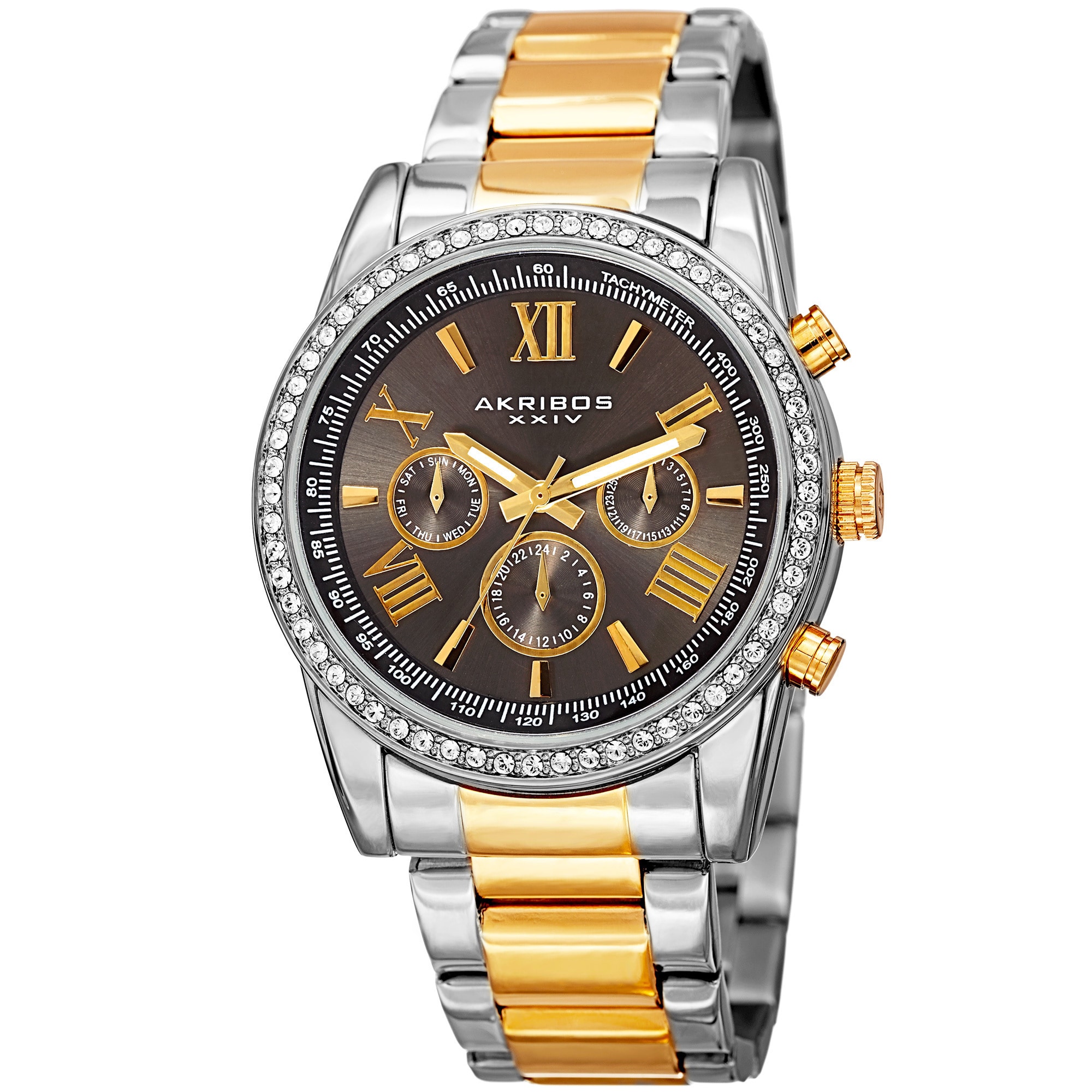 Akribos XXIV Men's Swiss Quartz Swarovski Crystals Dual-Time Stainless Steel Two-Tone Bracelet Watch