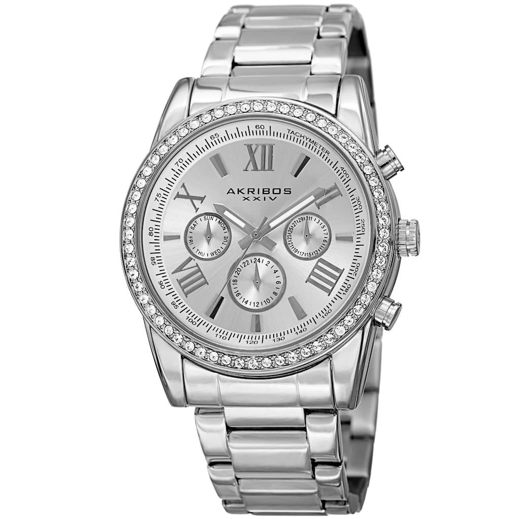 Akribos XXIV Men's Swiss Quartz Swarovski Crystals Dual-Time Stainless Steel Bracelet Watch