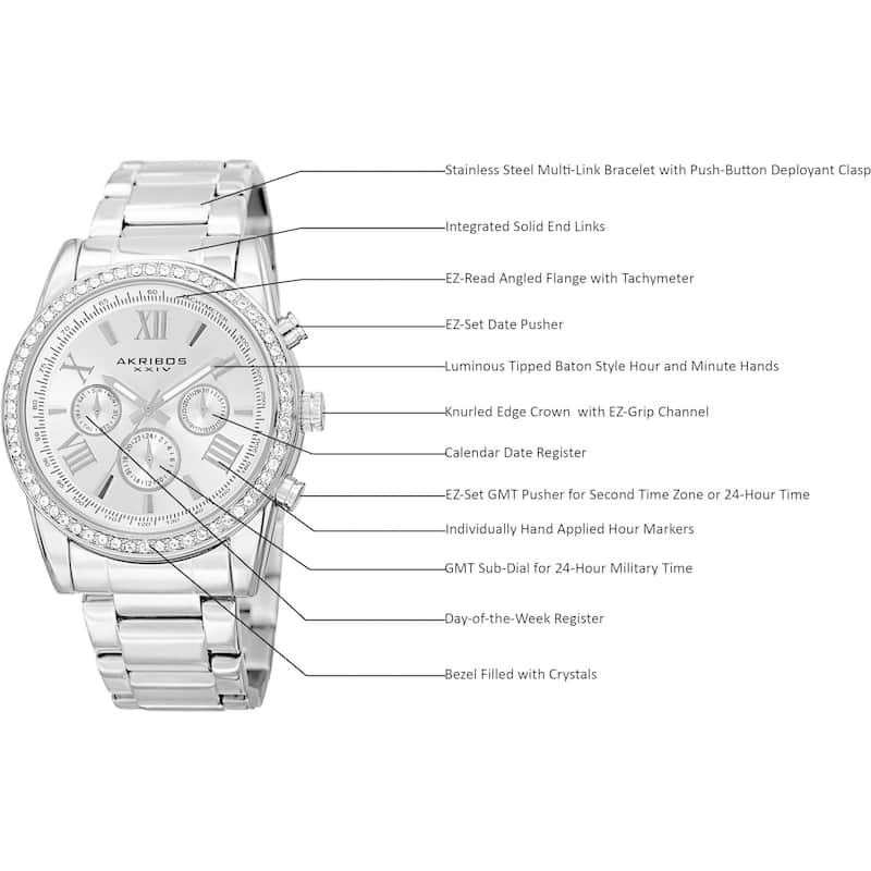 Akribos XXIV Men's Swiss Quartz Swarovski Crystals Dual-Time Stainless Steel Bracelet Watch