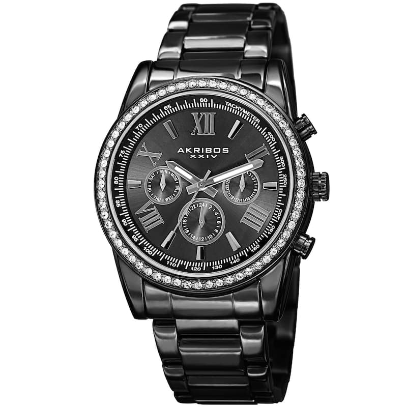 Akribos XXIV Men's Swiss Quartz Swarovski Crystals Dual-Time Stainless Steel Black Bracelet Watch