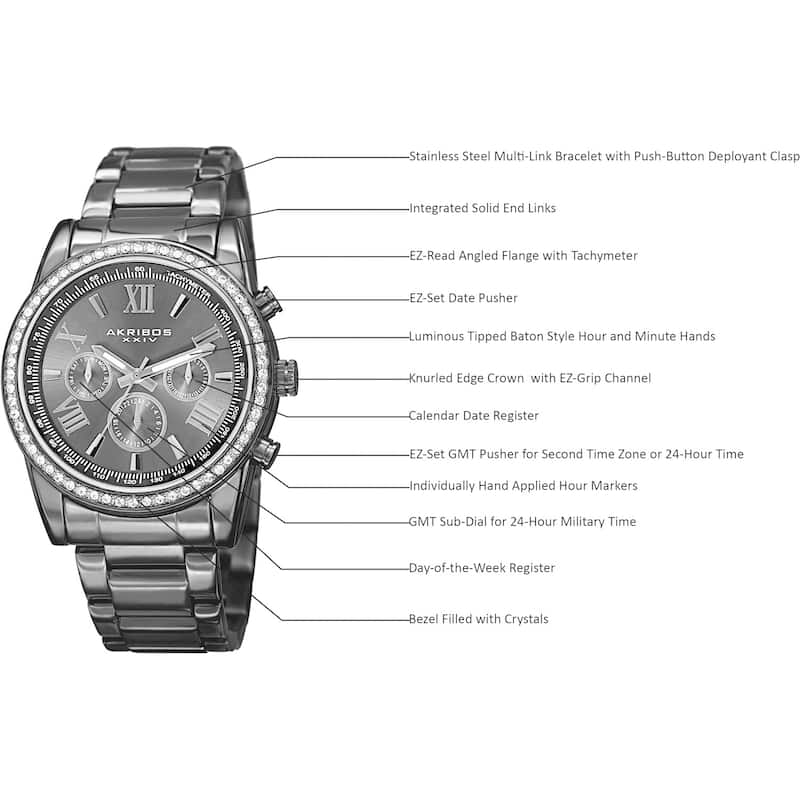 Akribos XXIV Men's Swiss Quartz Swarovski Crystals Dual-Time Stainless Steel Black Bracelet Watch