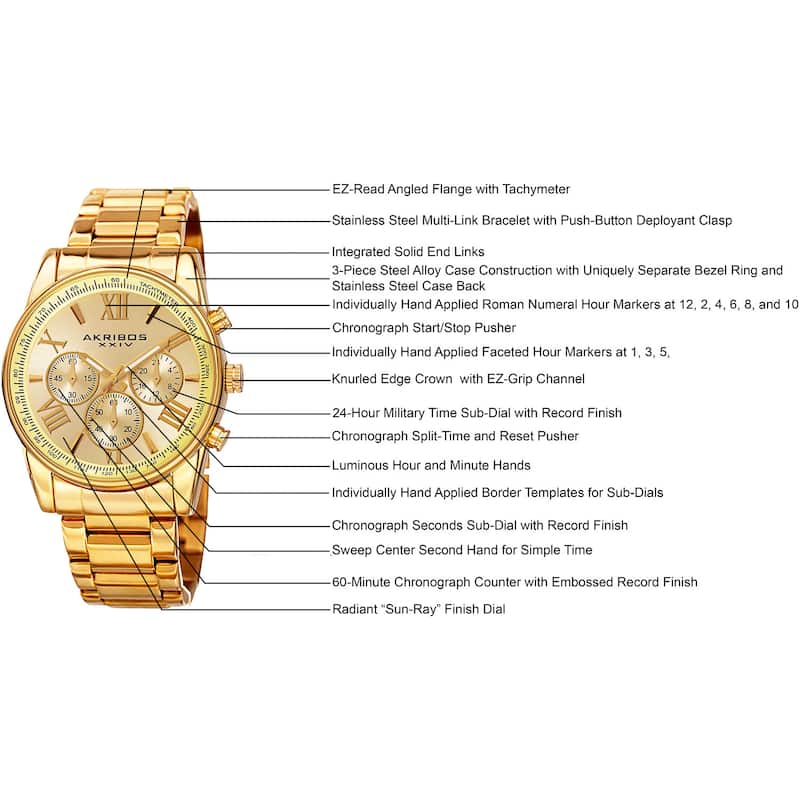 Akribos XXIV Men's Multifunction Tachymeter Stainless Steel Gold-Tone Bracelet Watch - Gold