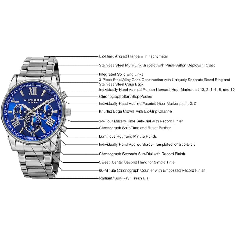 Akribos XXIV Men's Multifunction Tachymeter Stainless Steel Silver-Tone Bracelet Watch - brown