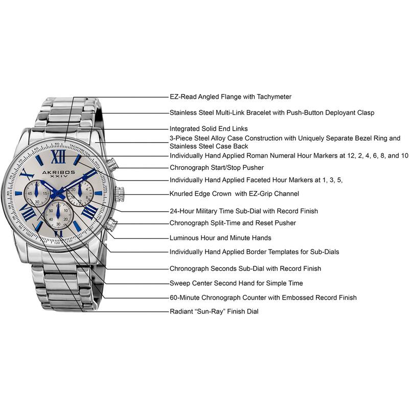 Akribos XXIV Men's Multifunction Tachymeter Stainless Steel Silver-Tone Bracelet Watch - silver