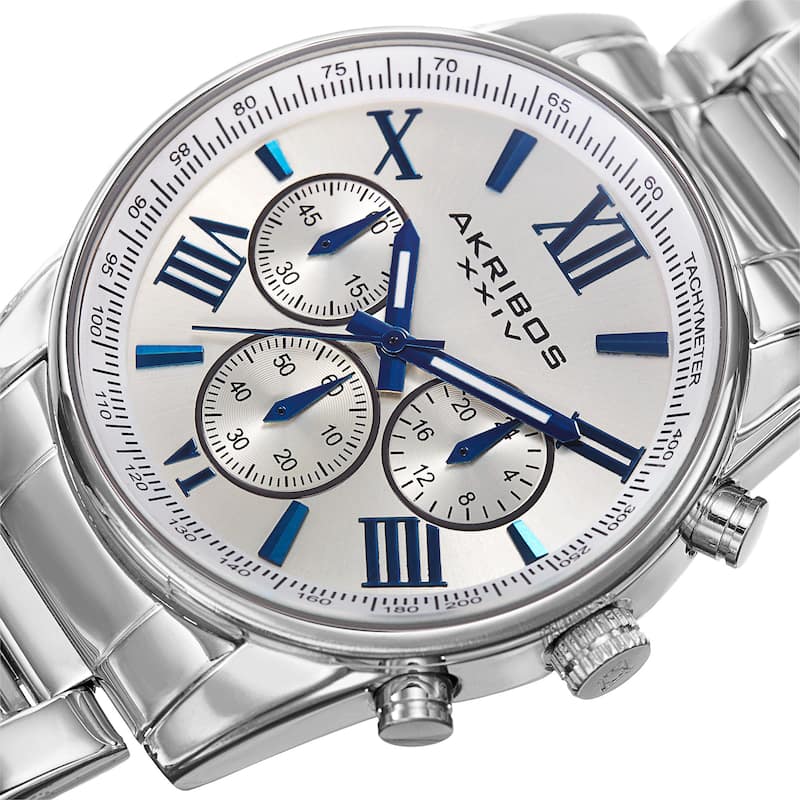 Akribos XXIV Men's Multifunction Tachymeter Stainless Steel Silver-Tone Bracelet Watch - silver