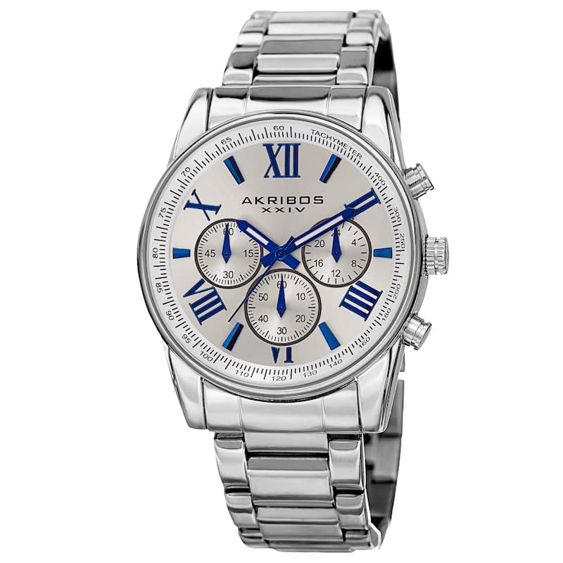 Akribos XXIV Men's Multifunction Tachymeter Stainless Steel Silver-Tone Bracelet Watch - silver