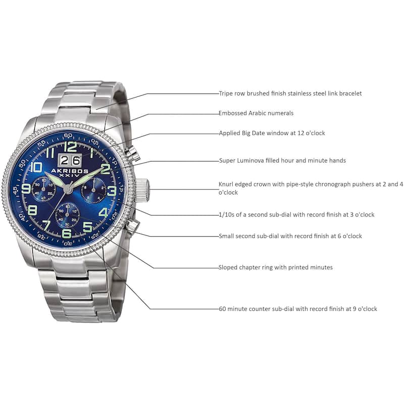 Akribos XXIV Men's Quartz Chronograph Stainless Steel Silver-Tone Bracelet Watch - BLue