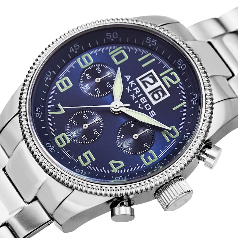 Akribos XXIV Men's Quartz Chronograph Stainless Steel Silver-Tone Bracelet Watch - BLue