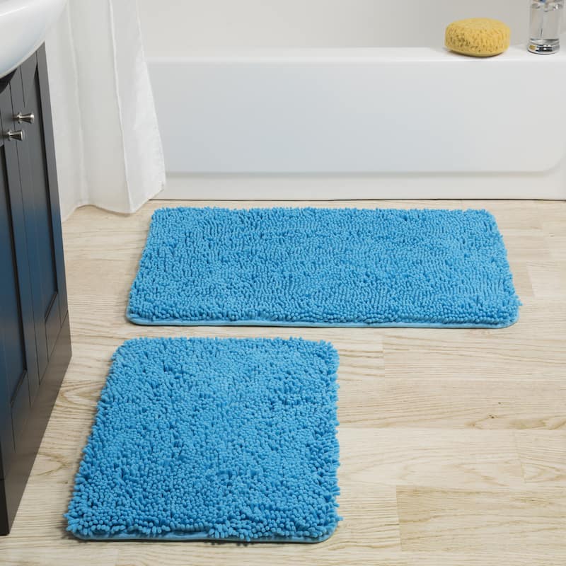 Bathroom Rugs - 2-Piece Memory Foam Bathroom Set with Chenille Shag Top and Non-Slip Base by Windsor Home - Blue