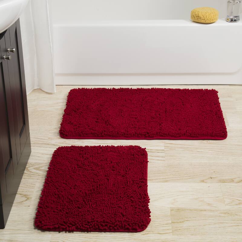 Bathroom Rugs - 2-Piece Memory Foam Bathroom Set with Chenille Shag Top and Non-Slip Base by Windsor Home - Burgundy