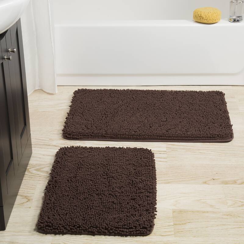 Bathroom Rugs - 2-Piece Memory Foam Bathroom Set with Chenille Shag Top and Non-Slip Base by Windsor Home - Chocolate