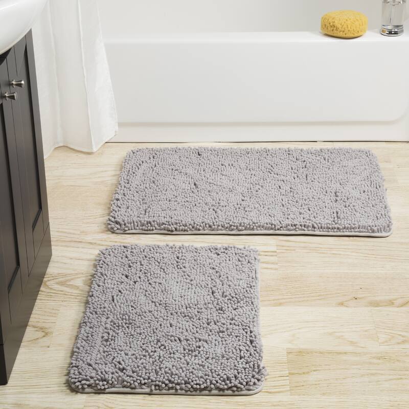 Bathroom Rugs - 2-Piece Memory Foam Bathroom Set with Chenille Shag Top and Non-Slip Base by Windsor Home - Grey