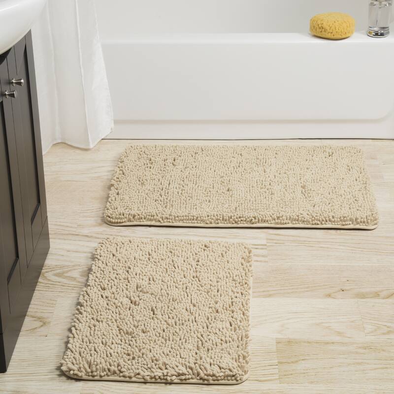 Bathroom Rugs - 2-Piece Memory Foam Bathroom Set with Chenille Shag Top and Non-Slip Base by Windsor Home - Ivory