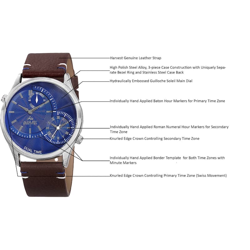 August Steiner Men's Quartz Dual-Time Leather Blue Strap Watch